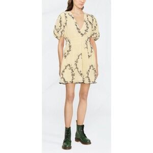 Ganni Womens Floral Print Pleated Georgette Mini Dress Pale Yellow Black Smocked